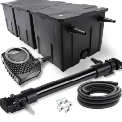 Wiltec Komplettset: CBF-350C Teichfilter bis 90000 L Teichfilteranlage Durchlauffilter, NEO10000 Teichpumpe 10000l/h 80W, CUV-672 Teichklärer 72W, 10m Teichschlauch 38 mm, Schlauchschellen W1 44-47mm