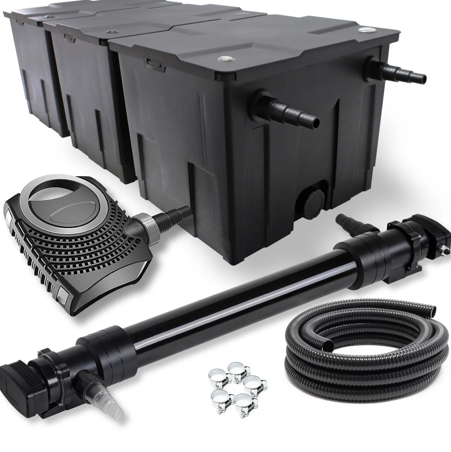 Wiltec Komplettset: CBF-350C Teichfilter bis 90000 L Teichfilteranlage Durchlauffilter, NEO10000 Teichpumpe 10000l/h 80W, CUV-672 Teichklärer 72W, 10m Teichschlauch 38 mm, Schlauchschellen W1 44-47mm