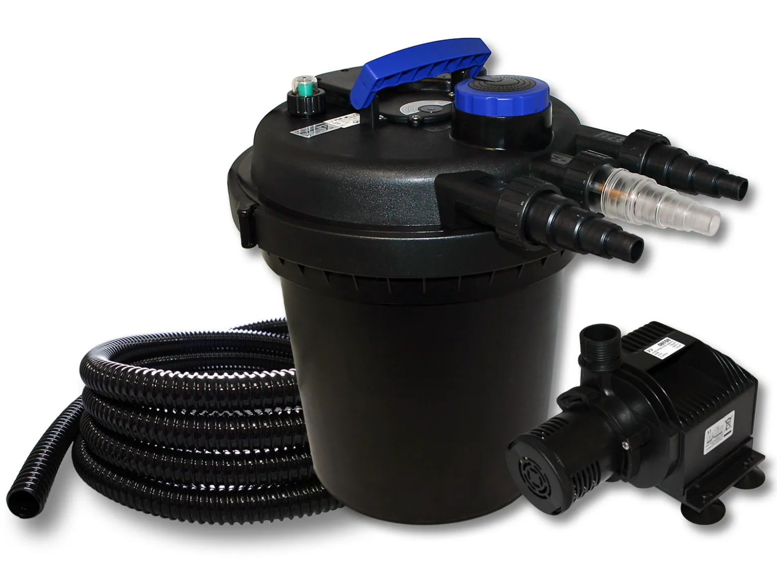 Wiltec Komplettset: CPF-180 Teichdruckfilter bis 6000 L mit 11 Watt UV-C Teichklärer, HJ-5000 ECO Teichpumpe 4000l/h 65W, 25m Teichschlauch 25 mm (1")