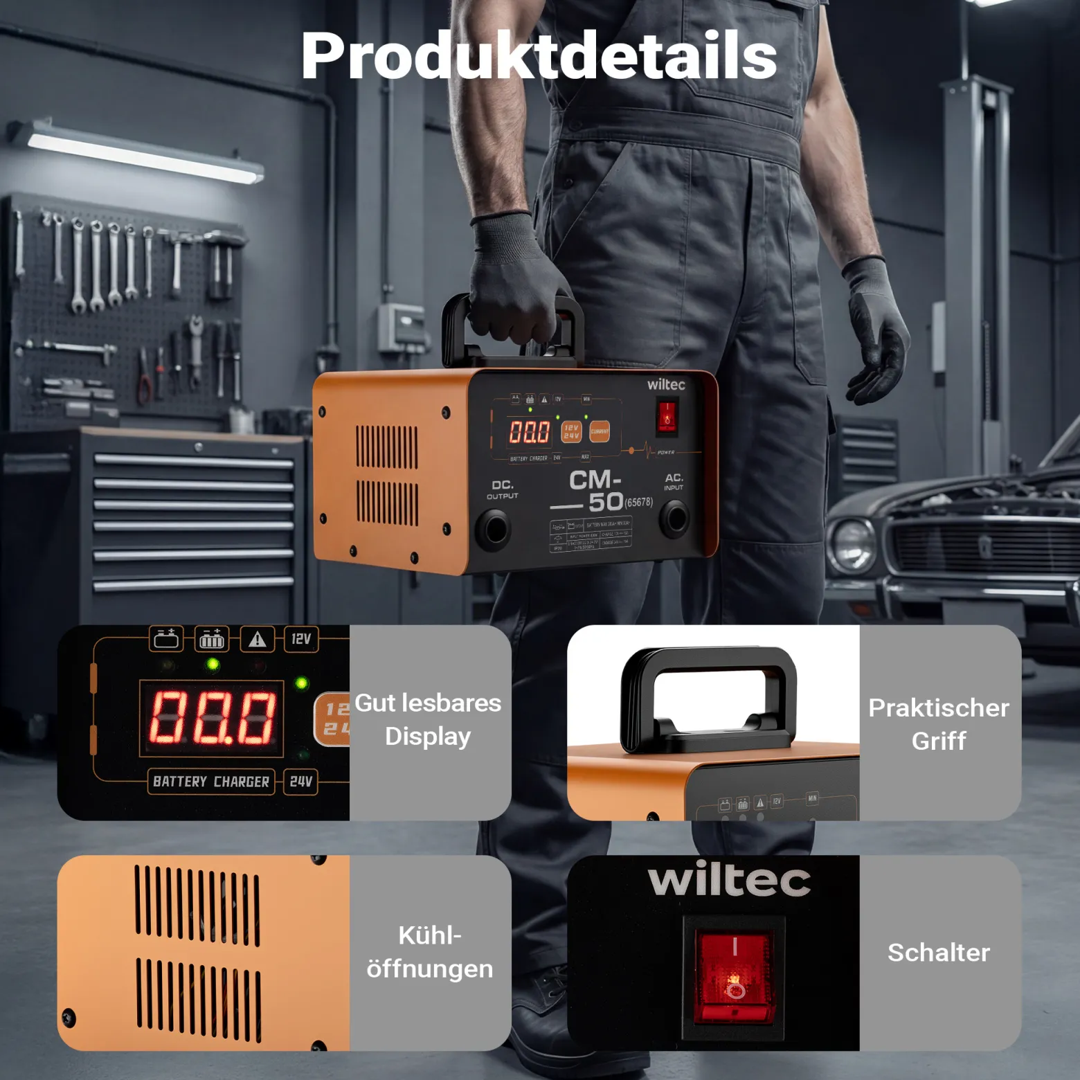 Wiltec Ladegerät 12-24 V, 16 Ah, 30-300 Ah für Autobatterie Kfz und Motorrad Starthilfe 490 W, intelligenter Lader mit LCD-Display und Tragegriff