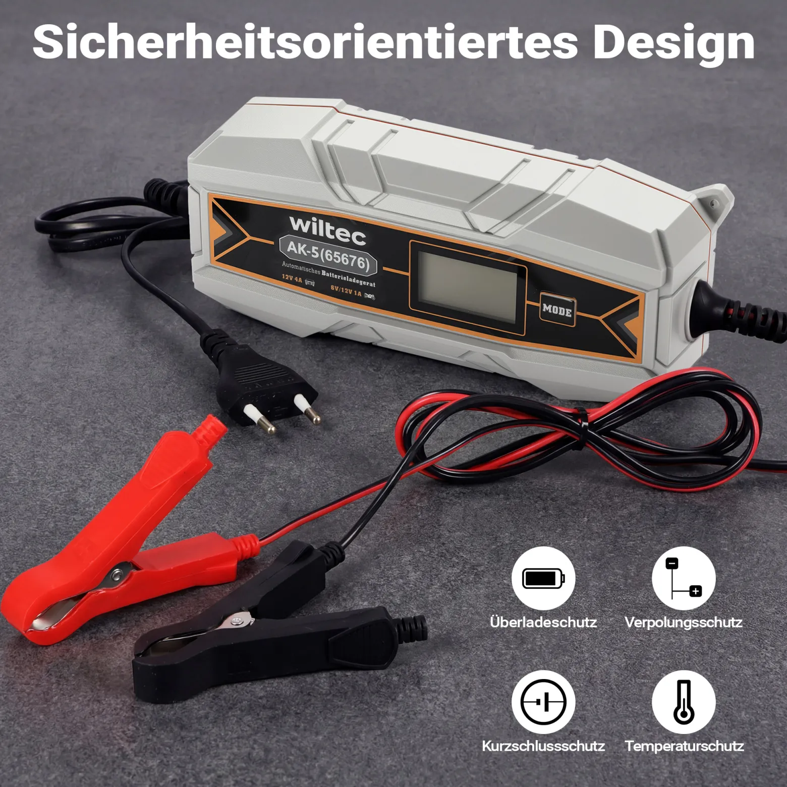 Wiltec Ladegerät 6-12 V, Batterieladegerät 4 A, 10-150 Ah für Autobatterie Kfz und Motorrad, intelligenter Lader mit Verpol-, Überlade- und Kurzschlussschutz mit LCD-Display