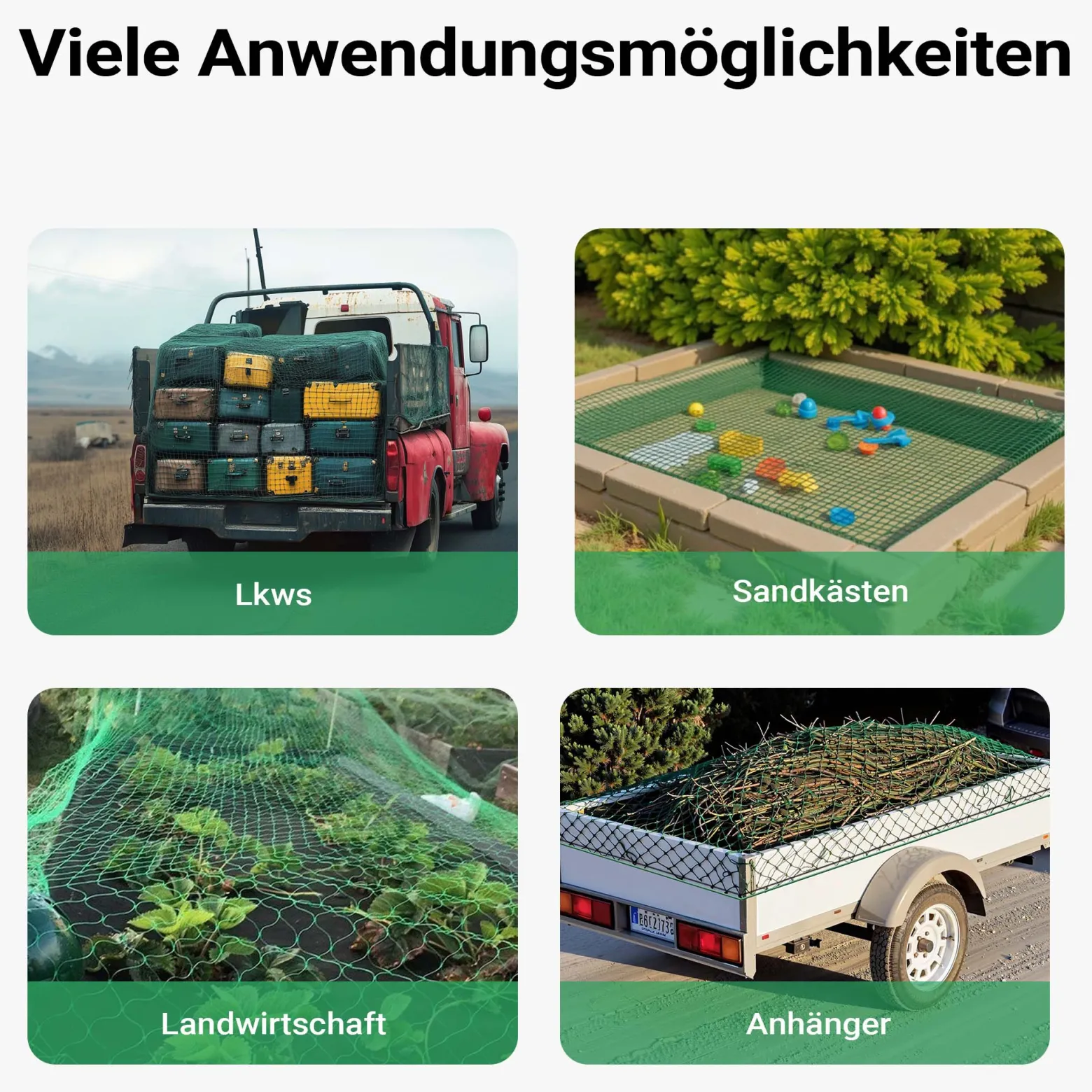 Wiltec Ladungssicherungsnetz 3x6 m Grün Masche 4,5x4,5 cm Stärke 3 mm Polypropylen Transportnetz für Anhänger mit Randkordel Polypropylen Witterungsbeständig Ladung Sicherheit
