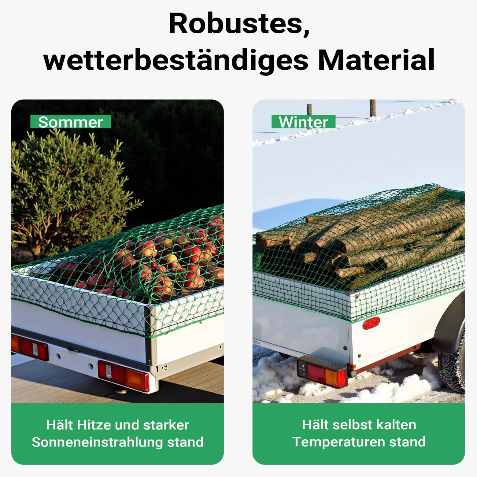 Wiltec Ladungssicherungsnetz 3x6 m Grün Masche 4,5x4,5 cm Stärke 3 mm Polypropylen Transportnetz für Anhänger mit Randkordel Polypropylen Witterungsbeständig Ladung Sicherheit