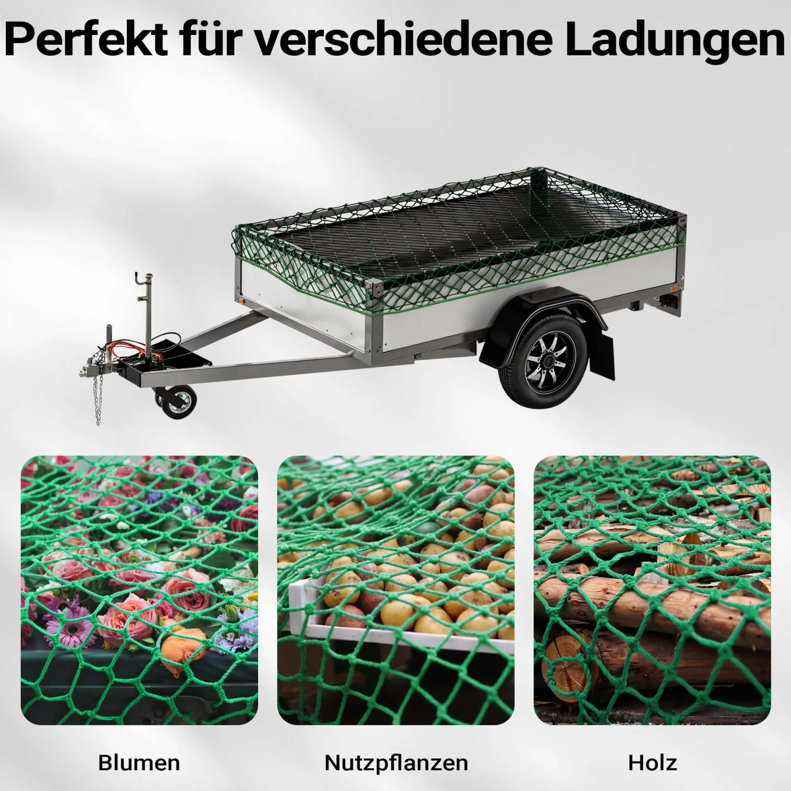 Wiltec Ladungssicherungsnetz 3x6 m Grün Masche 4,5x4,5 cm Stärke 3 mm Polypropylen Transportnetz für Anhänger mit Randkordel Polypropylen Witterungsbeständig Ladung Sicherheit