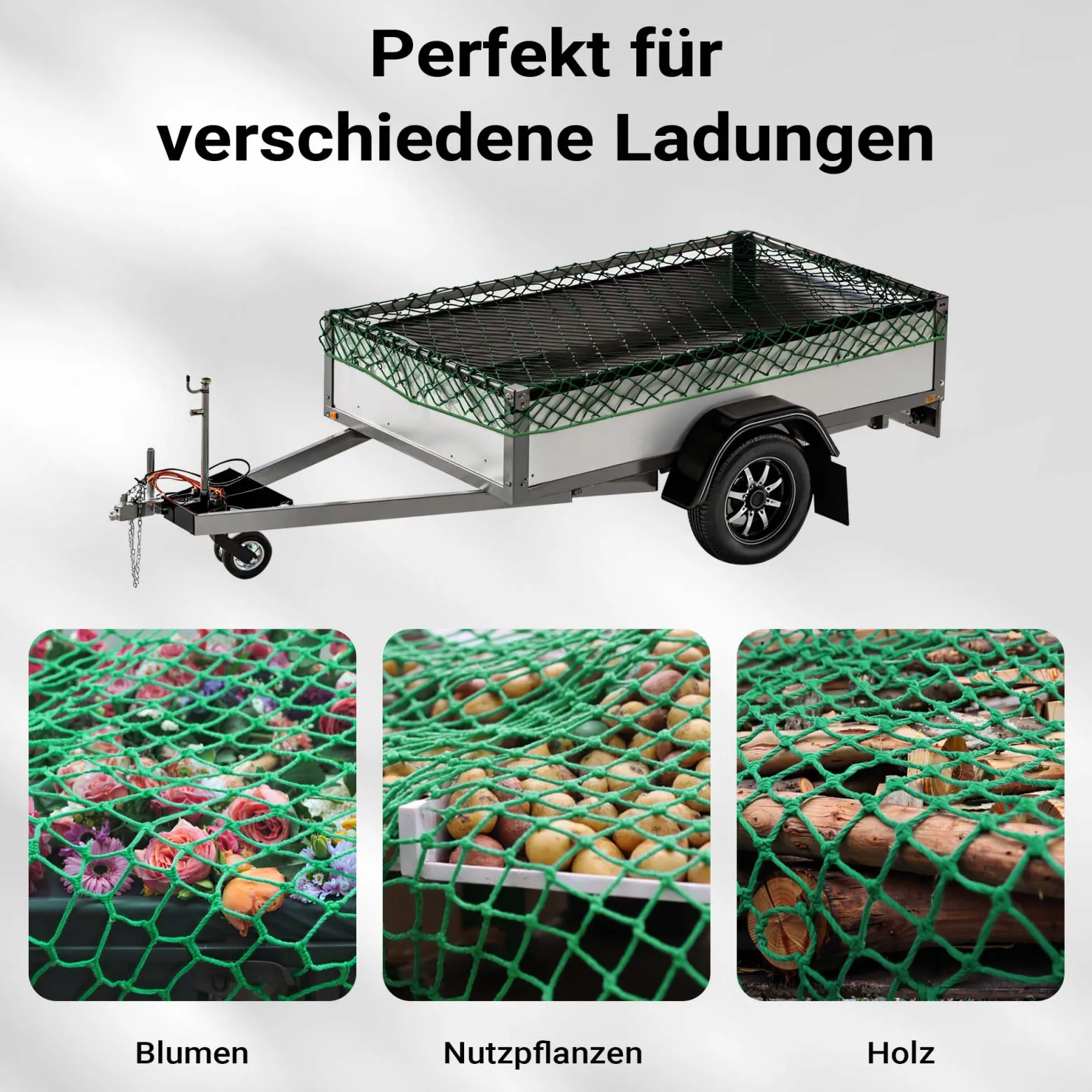 Wiltec Ladungssicherungsnetz Grün 2,5x1,5m Masche 4,5x4,5 cm Stärke 3 mm Polypropylen Transportnetz für Anhänger mit Randkördel Witterungsbeständig Ladung Sicherheit