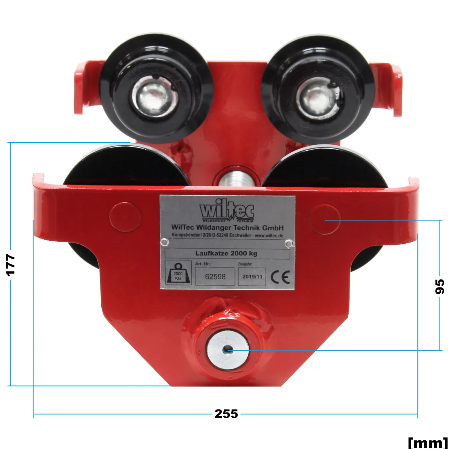 Wiltec Laufkatze bis 2000 kg, 55-205 mm Flanschbreite, Handfahrwerk für Kran, Rollfahrwerk stufenlos justierbar