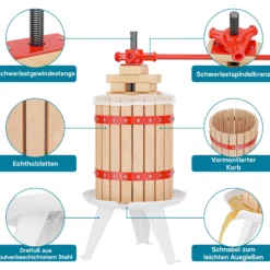 Wiltec 6L Obstpresse aus Buchenholz inkl. Presstuch, manuelle Weinpresse mit 190x270mm Korb, Apfelpresse Fruchtpresse für Obst Wein Maische