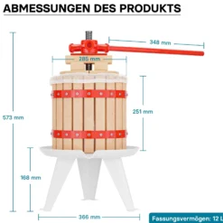 Wiltec 12L Obstpresse aus Buchenholz inkl. Presstuch, manuelle Weinpresse mit 240x270mm Korb, Apfelpresse Fruchtpresse für Obst Wein Maische