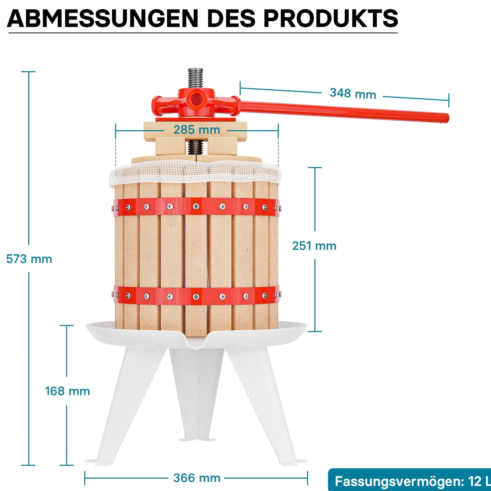 Wiltec 12L Obstpresse aus Buchenholz inkl. Presstuch, manuelle Weinpresse mit 240x270mm Korb, Apfelpresse Fruchtpresse für Obst Wein Maische