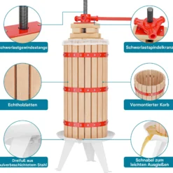 Wiltec 30L Obstpresse aus Buchenholz inkl. Presstuch, manuelle Weinpresse mit 285x581mm Korb, Apfelpresse Fruchtpresse für Obst Wein Maische