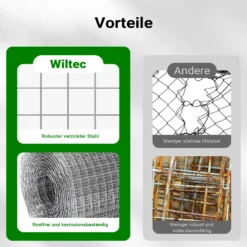 Wiltec Maschendrahtzaun 50 cm x 5 m, 0,7 mm Drahtstärke 12 x 12 mm Maschengröße, Volierendraht aus Stahl verzinkt, Drahtgitter, Vogeldraht