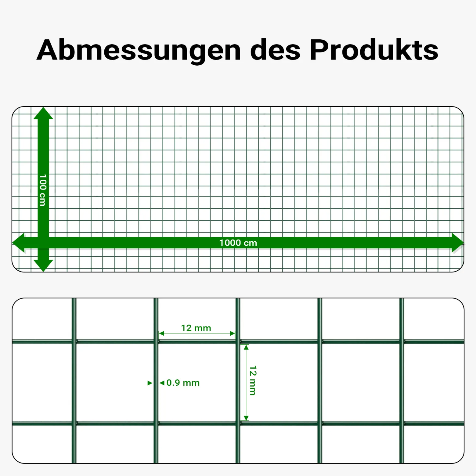 Wiltec Maschendrahtzaun Grün 1x10 m 100 cm Höhe 0,9 mm Stärke 12x12 mm Maschengröße, Volierendraht 4-Eck aus Stahl verzinkt, Drahtgitter, Vogeldraht