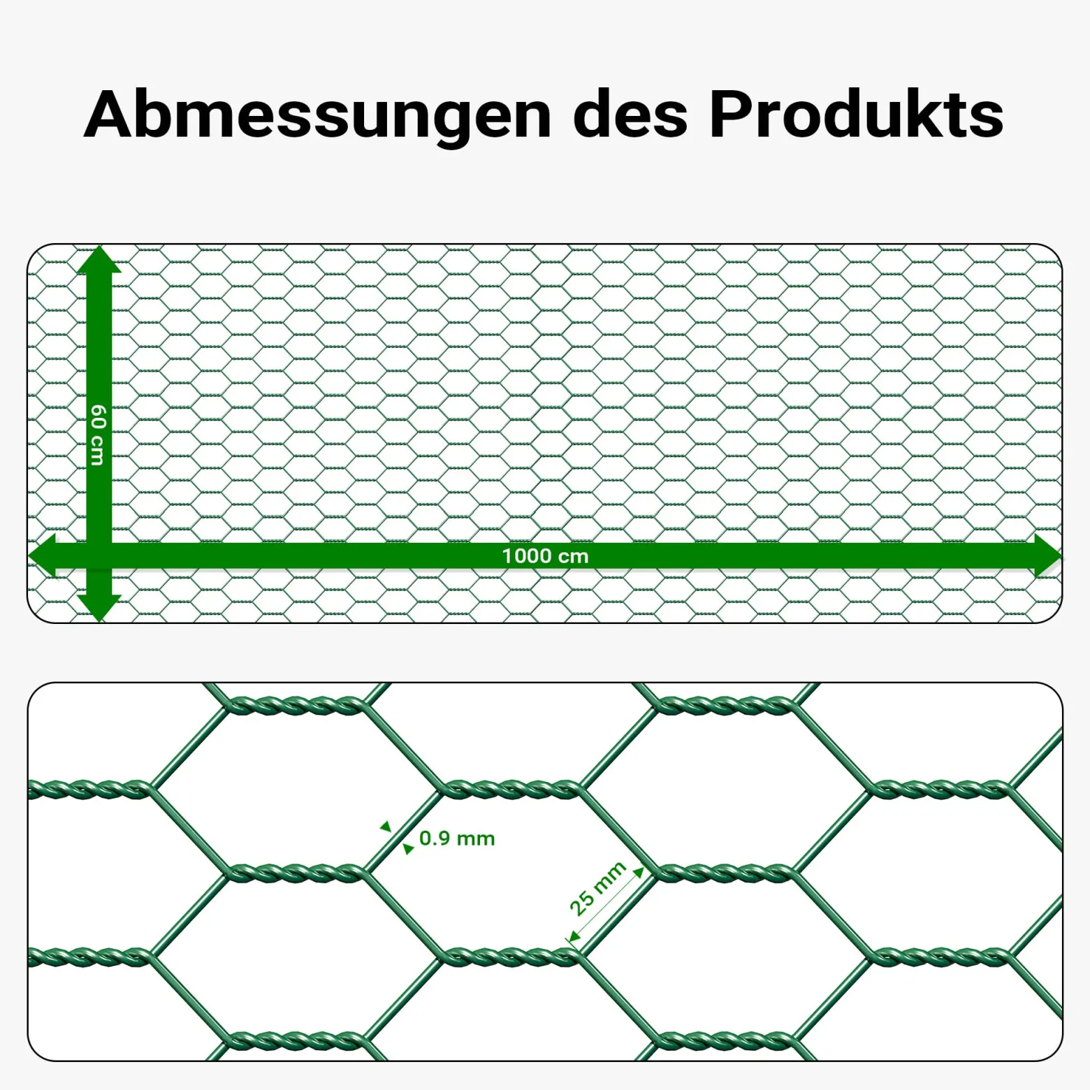 Wiltec Maschendrahtzaun Grün 60 cm x 10 m, 0,6 mm Stärke 25 x 25 mm Maschengröße, Volierendraht 6-Eck aus Stahl verzinkt, Drahtgitter, Vogeldraht