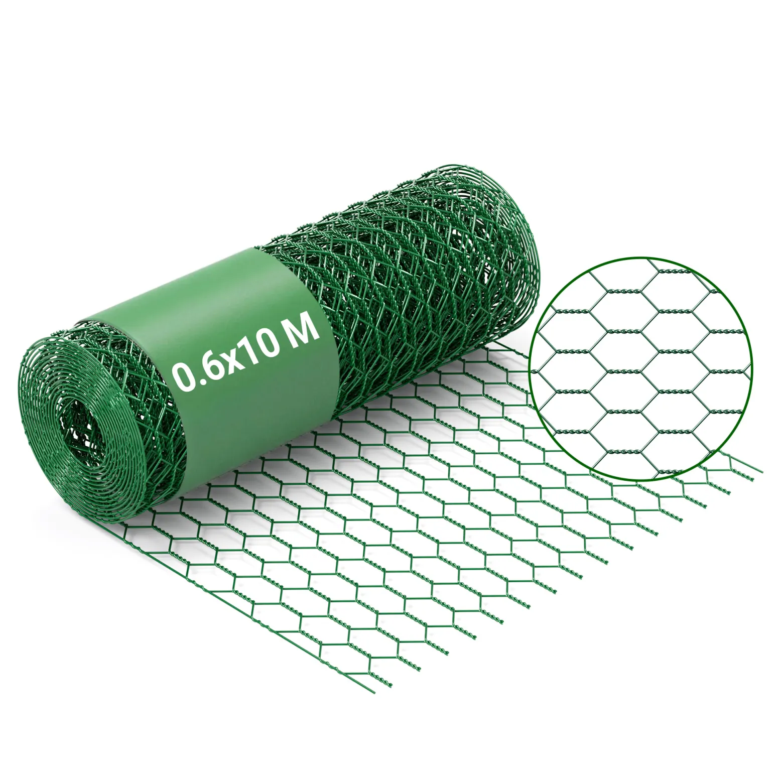 Wiltec Maschendrahtzaun Grün 60 cm x 10 m, 0,6 mm Stärke 25 x 25 mm Maschengröße, Volierendraht 6-Eck aus Stahl verzinkt, Drahtgitter, Vogeldraht