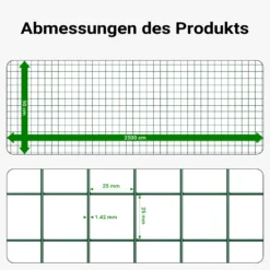 Wiltec Maschendrahtzaun Grün 1x25 m 50 cm Höhe 1,42 mm Stärke 25x25 mm Maschengröße, Volierendraht 4-Eck aus Stahl verzinkt, Drahtgitter, Vogeldraht