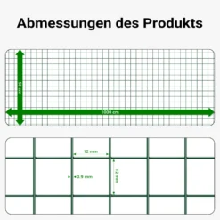 Wiltec Maschendrahtzaun Grün 1x10 m 50 cm Höhe 0,9 mm Stärke 12x12 mm Maschengröße, Volierendraht 4-Eck aus Stahl verzinkt, Drahtgitter, Vogeldraht