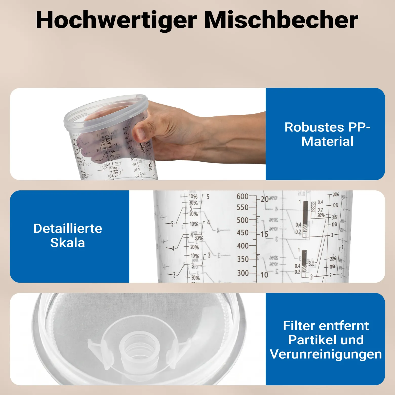 Wiltec Mischbechersystem 600 ml 50x Filter 125 μm, Lackmischbecher Set mit Deckeln, Innenbechern und Messbecher, Farbmischbecher für Autolackierung