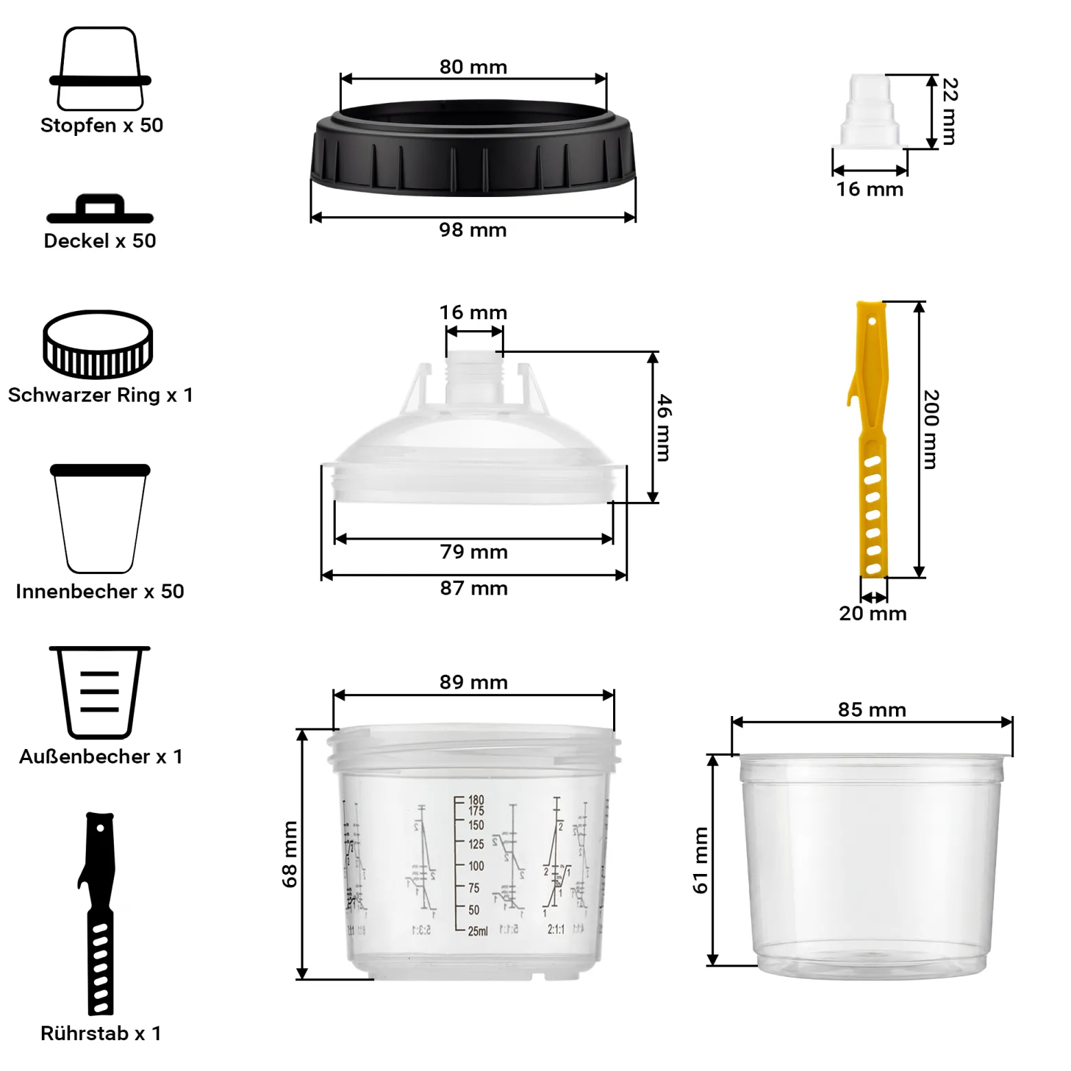 Wiltec Mischbechersystem 200 ml 50x Filter 125 μm, Lackmischbecher Set mit Deckeln, Innenbechern und Messbecher, Farbmischbecher für Autolackierung