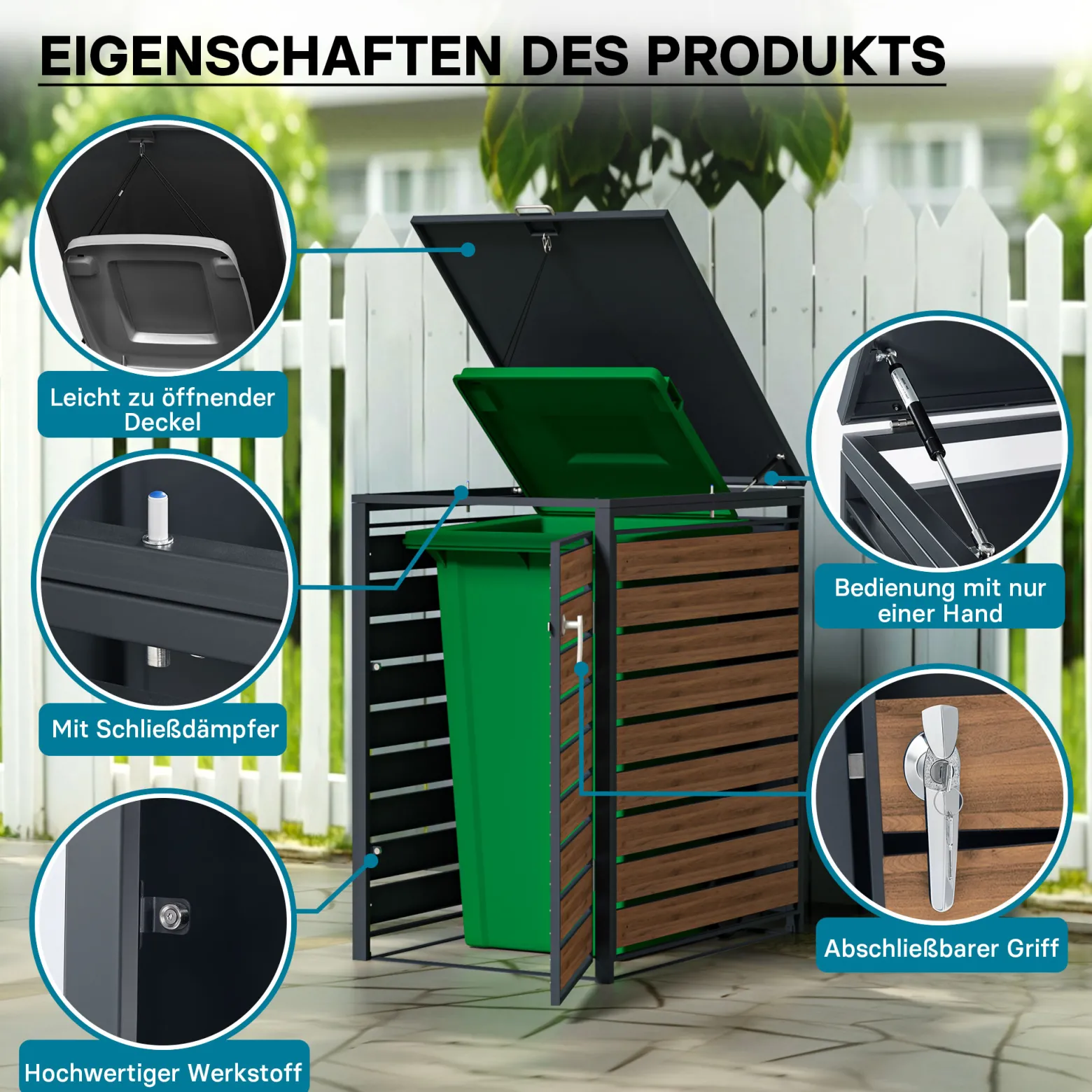 Wiltec Mülltonnenbox für eine Tonne in Holzoptik, abschließbare Mülltonnenverkleidung mit Klappdeckel, Mülltonnenzaun, Sichtschutzzaun