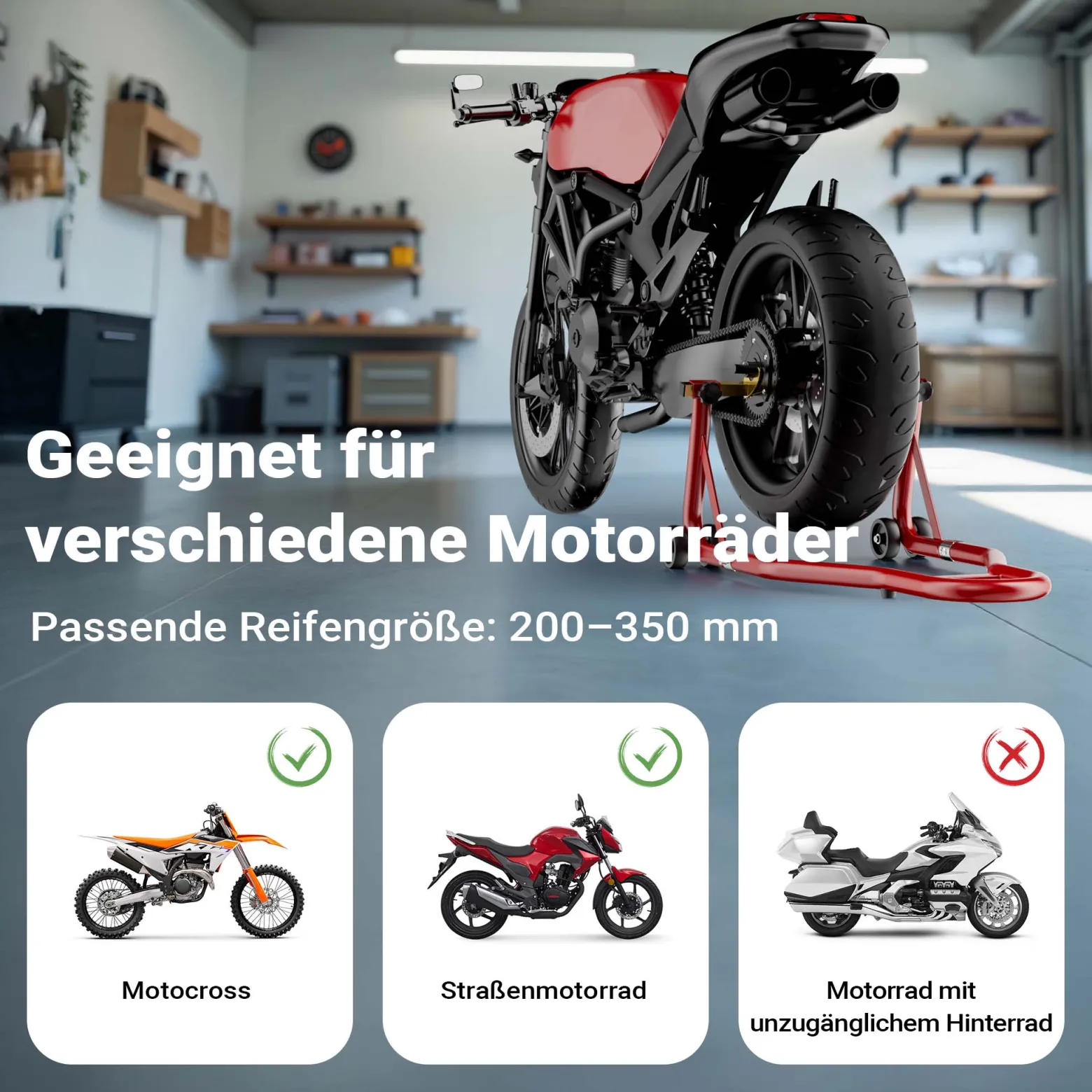 Wiltec Motorradständer hinten für 200-340 mm Reifen, 370 x 325 mm, als Montagehilfe aus Stahl für Hinterrad, Motorradheber bis 450 kg