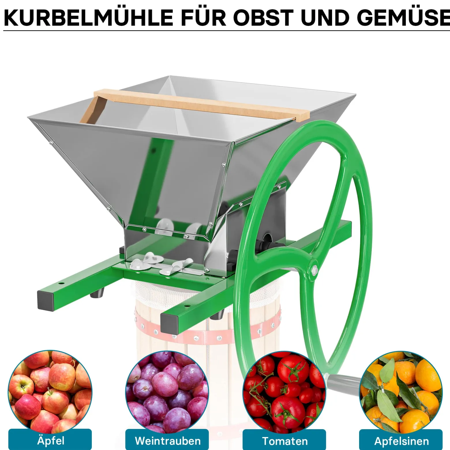 Wiltec Obstmühle mit 7L Trichter und runder Handkurbel Obsthäcksler leicht zu reinigen für Saftpresse Obstpresse zur Herstellung von Saft Würze oder Most