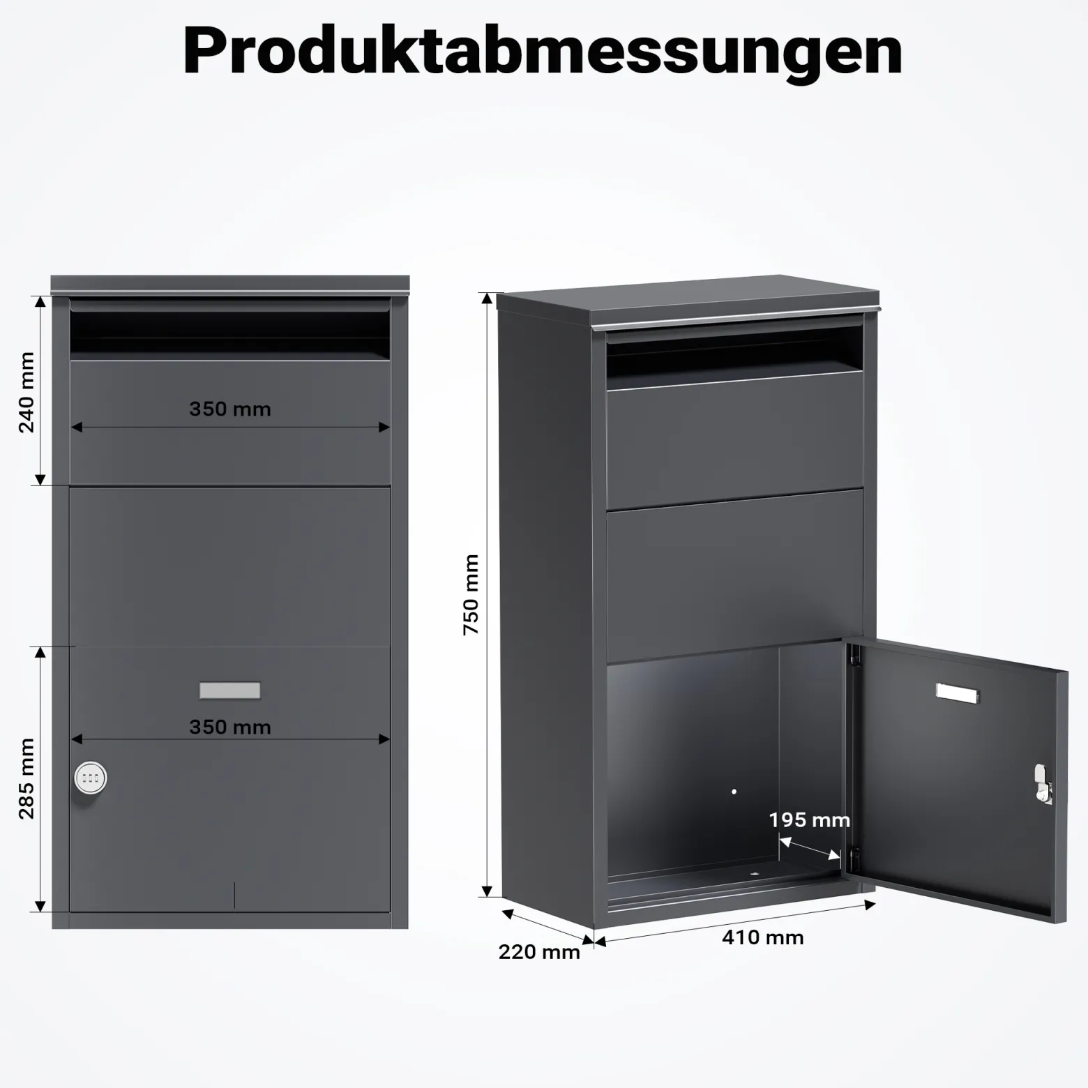 Wiltec Paketkasten anthrazit 410 x 220 x 750 mm, Paketbox Zuhause, private Paketannahme passend für Pakete und Päckchen, Standbriefkasten Stahl