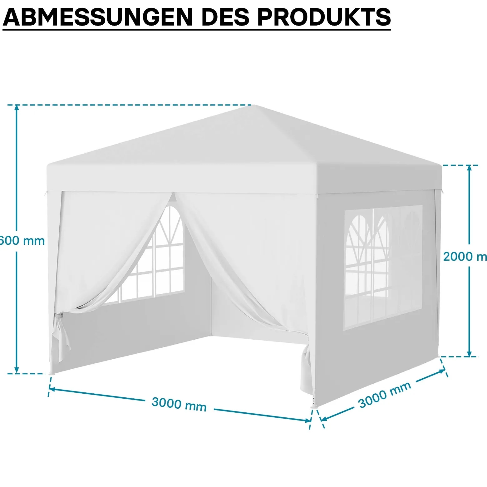 Wiltec Pavillon 3 x 3 m in Weiß mit UV-Schutz 50+, Gartenpavillon mit abnehmbaren Seiten, Partyzelt mit Fenstern für z. B. Terrasse und Festival