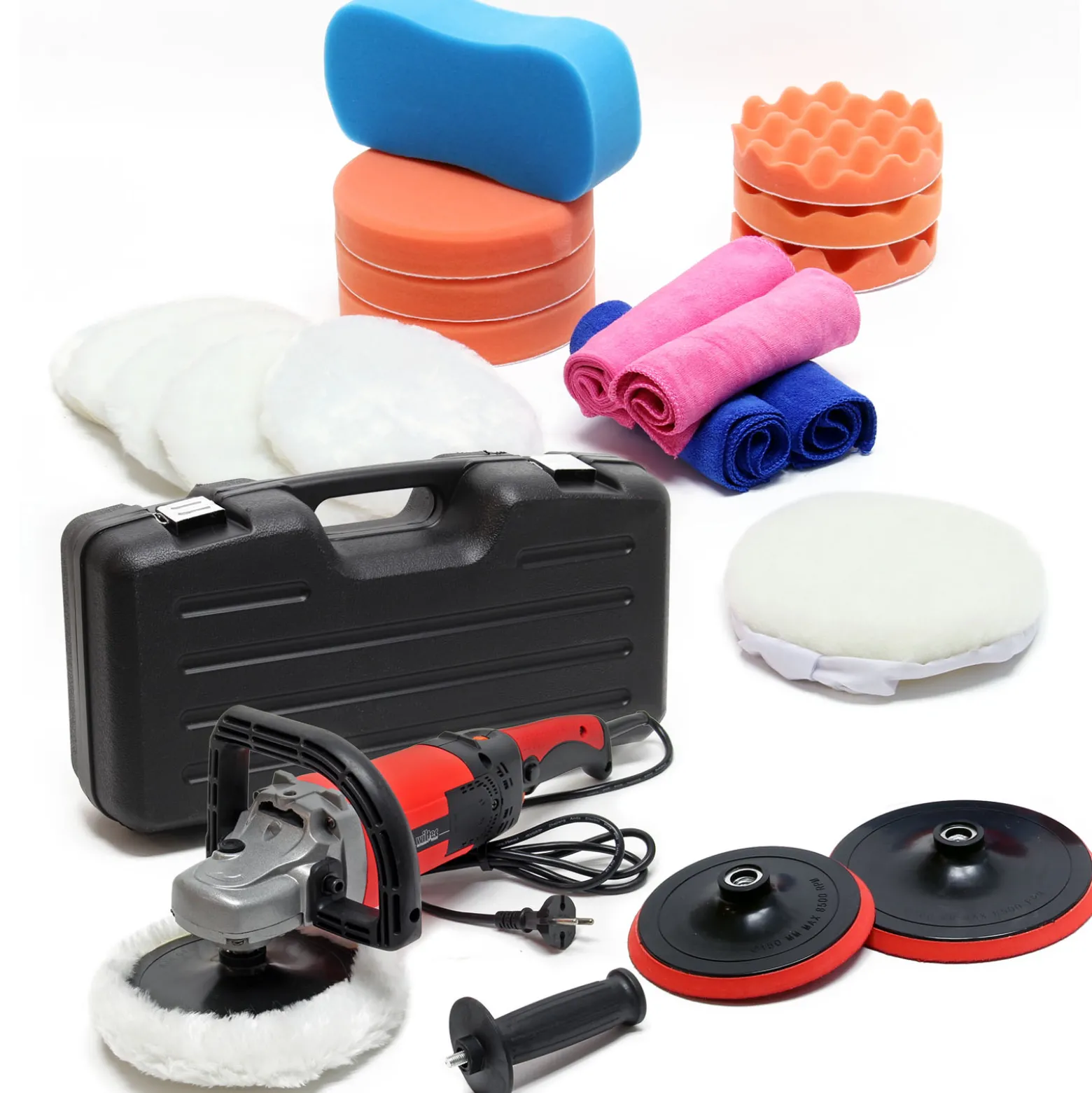 Wiltec Poliermaschine Set aus 26 Teilen 1500W bis 3000 U/min, Schleifgerät mit 6 Stufen inkl. vieler Aufsätze und Koffer, Tellerschleifer, Rotationsschleifer