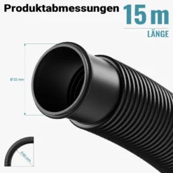 Wiltec Poolschlauch 15 m ⌀32 mm, Schwimmbadschlauch mit Muffen, Pumpenschlauch für Schwimmbecken, Saugschlauch, Solarschlauch