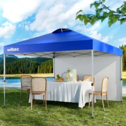 Wiltec Pop up Pavillon 3 x 3 m blau mit Seitenteil, Faltpavillon mit Rädern und „One Push“-Technologie, Gartenpavillon mit höhenverstellbaren Beinen