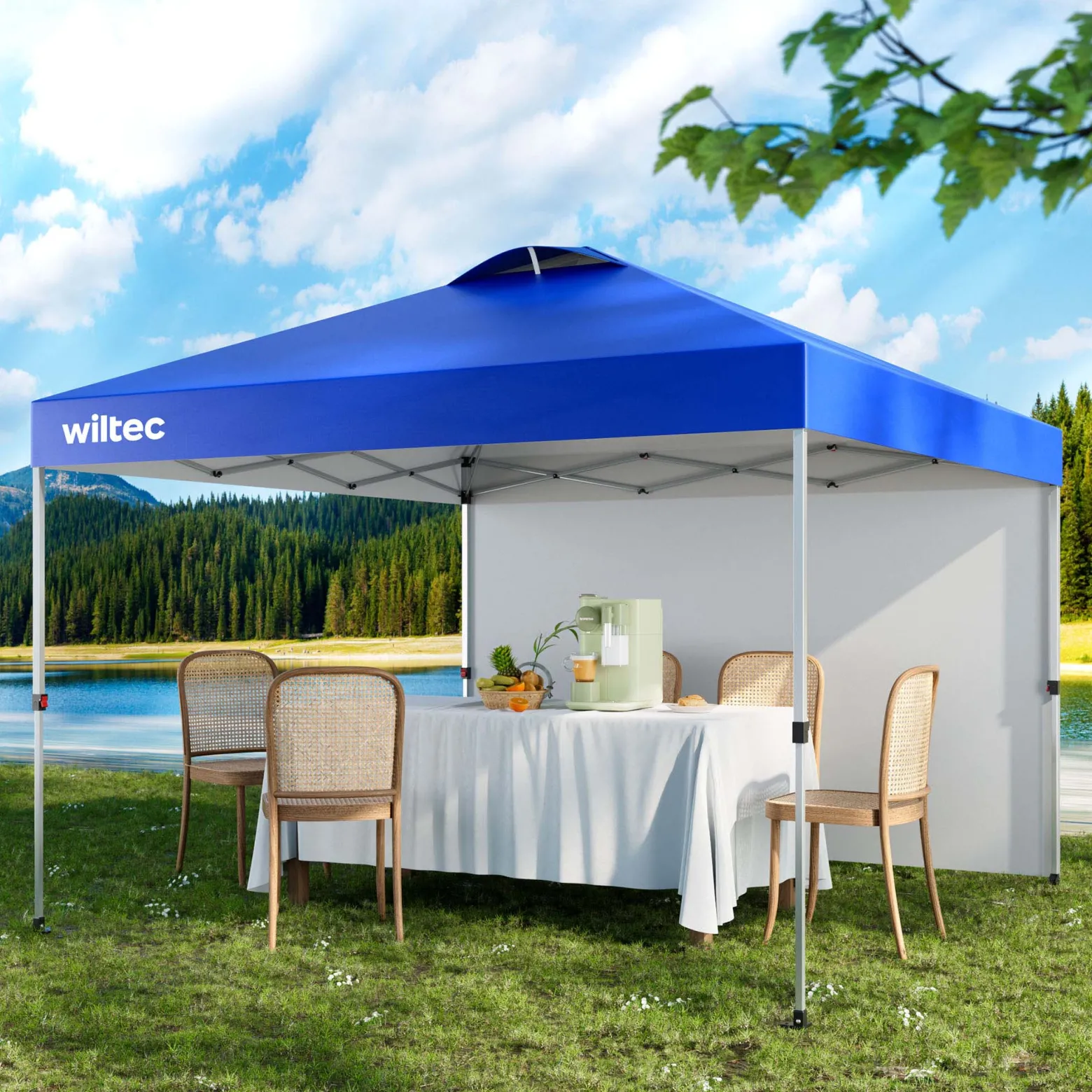 Wiltec Pop up Pavillon 3 x 3 m blau mit Seitenteil, Faltpavillon mit Rädern und „One Push“-Technologie, Gartenpavillon mit höhenverstellbaren Beinen