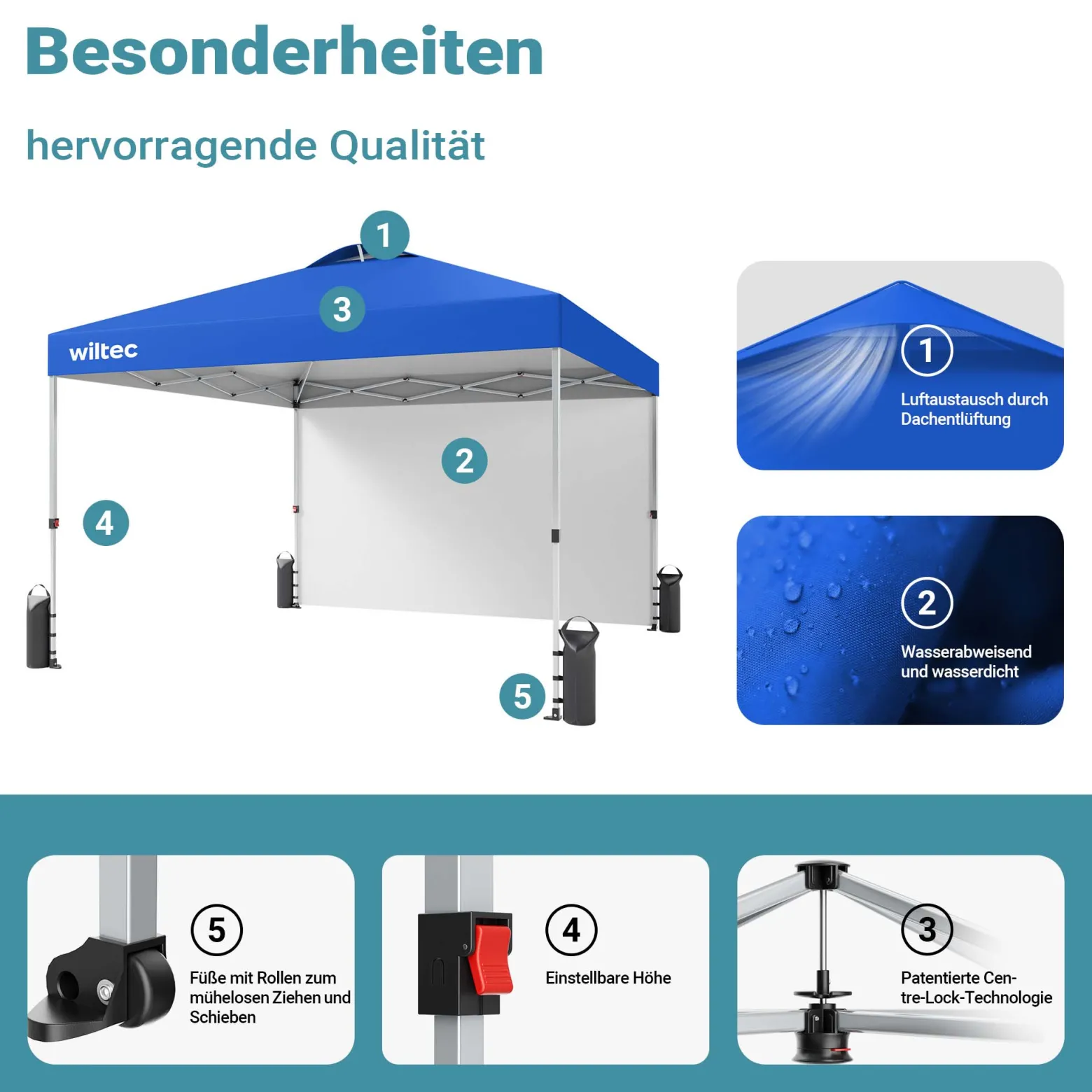 Wiltec Pop up Pavillon 3 x 3 m blau mit Seitenteil, Faltpavillon mit Rädern und „One Push“-Technologie, Gartenpavillon mit höhenverstellbaren Beinen