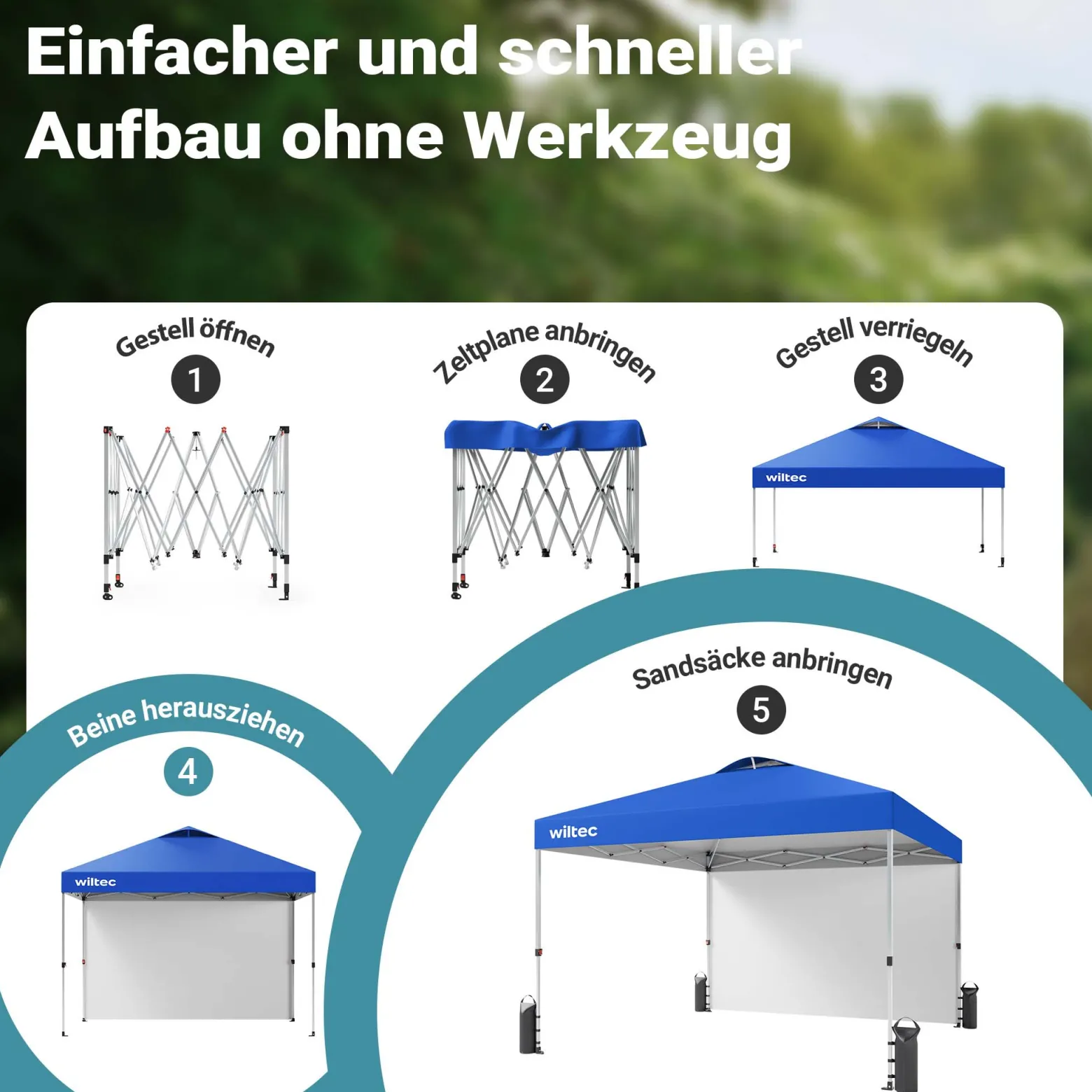 Wiltec Pop up Pavillon 3 x 3 m blau mit Seitenteil, Faltpavillon mit Rädern und „One Push“-Technologie, Gartenpavillon mit höhenverstellbaren Beinen