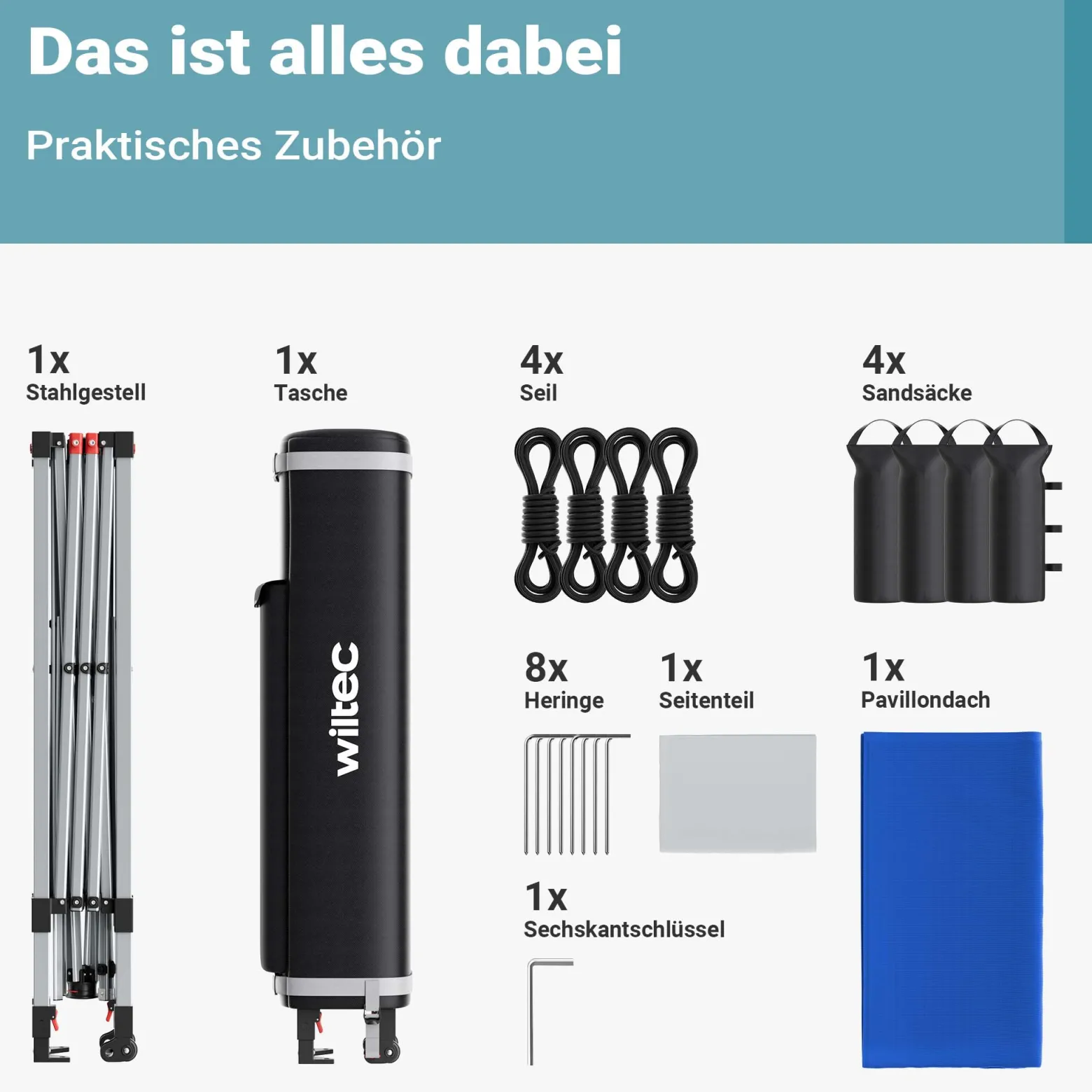 Wiltec Pop up Pavillon 3 x 3 m blau mit Seitenteil, Faltpavillon mit Rädern und „One Push“-Technologie, Gartenpavillon mit höhenverstellbaren Beinen