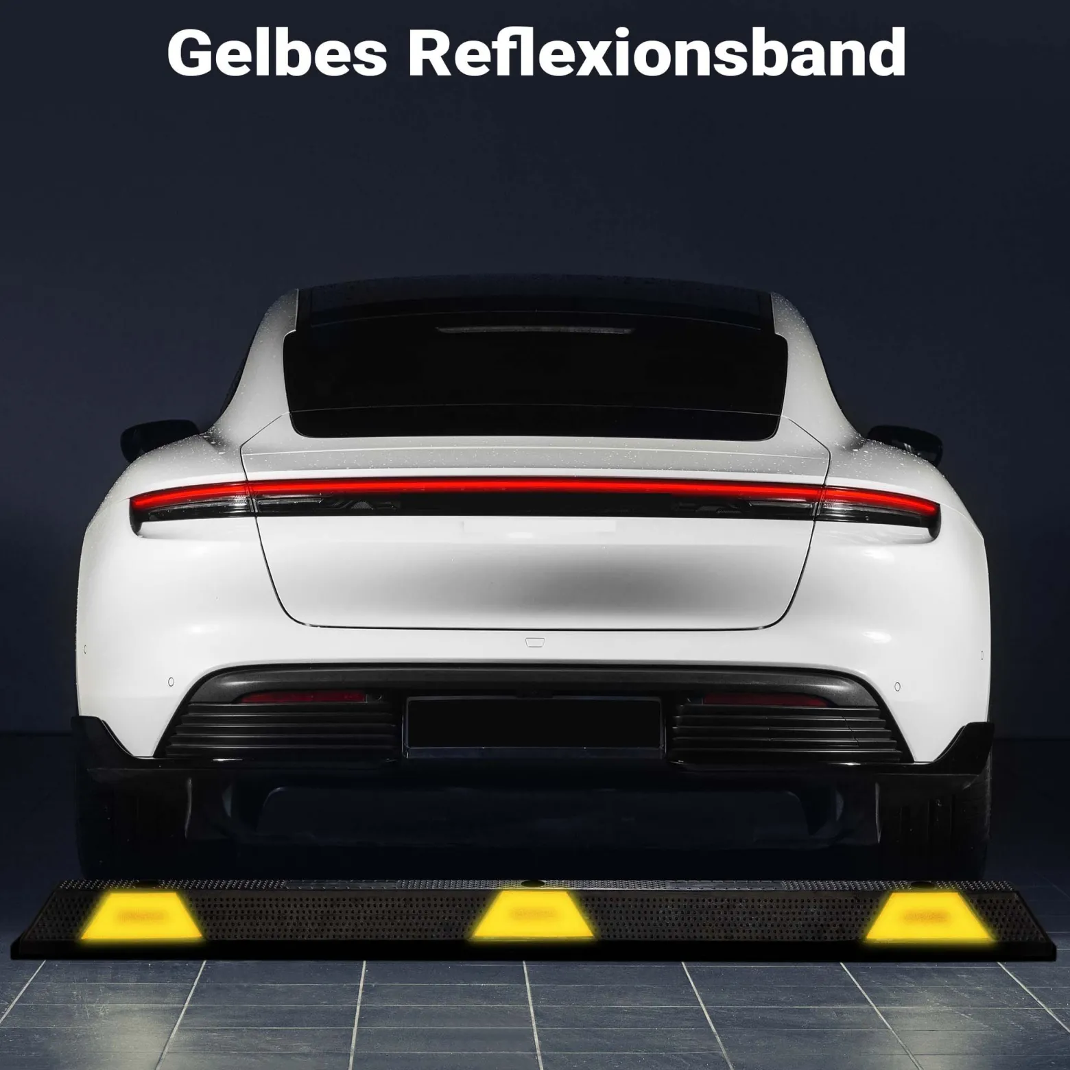 Wiltec Radstopper 165 x 15 x 10 cm, Einparkhilfe aus Gummi, Parkplatzbegrenzung mit gelben Reflexionsstreifen & Schraubrillen, Parkplatzsperre für Garage