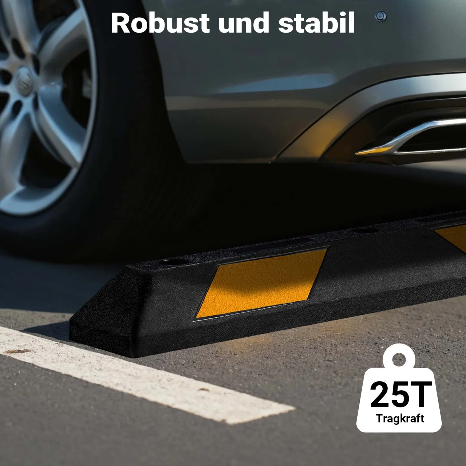 Wiltec Radstopper 90 x 15 x 10 cm, 2x Einparkhilfe aus Gummi, Parkplatzbegrenzung mit gelben Reflexionsstreifen & Schraubrillen, Parkplatzsperre für Garage