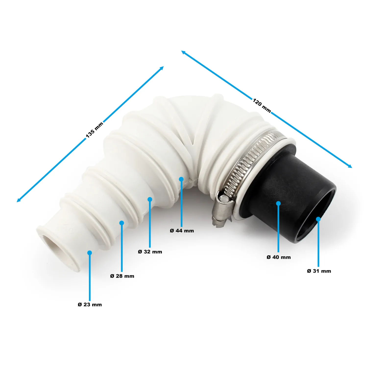 Wiltec Rückschlagventil DN40 für Sanitärbereich, Rückschlagklappe mit 40 mm Außendurchschmesser, 90° Winkelstück mit Stufentülle und Schlauchschelle
