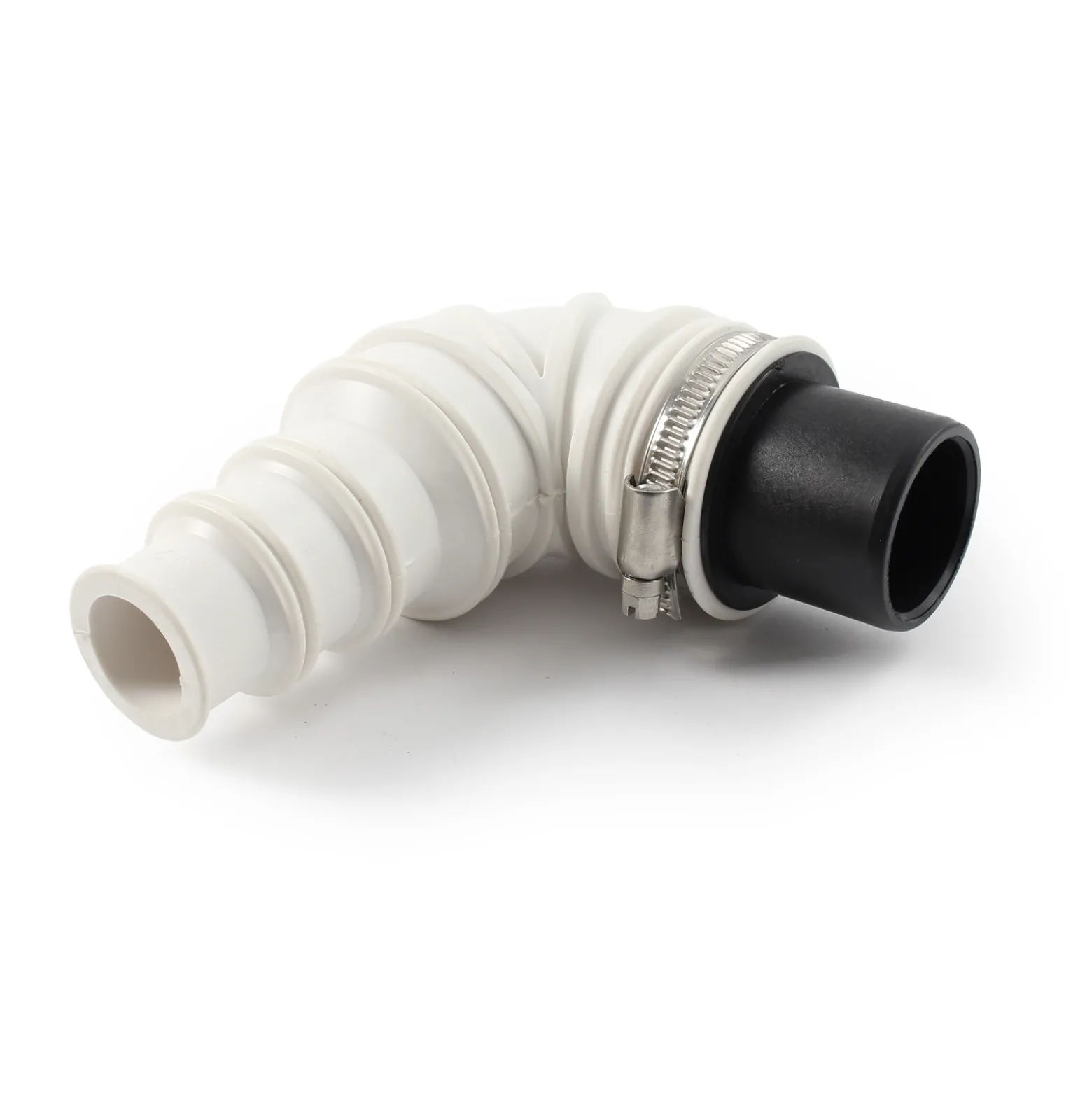 Wiltec Rückschlagventil DN40 für Sanitärbereich, Rückschlagklappe mit 40 mm Außendurchschmesser, 90° Winkelstück mit Stufentülle und Schlauchschelle