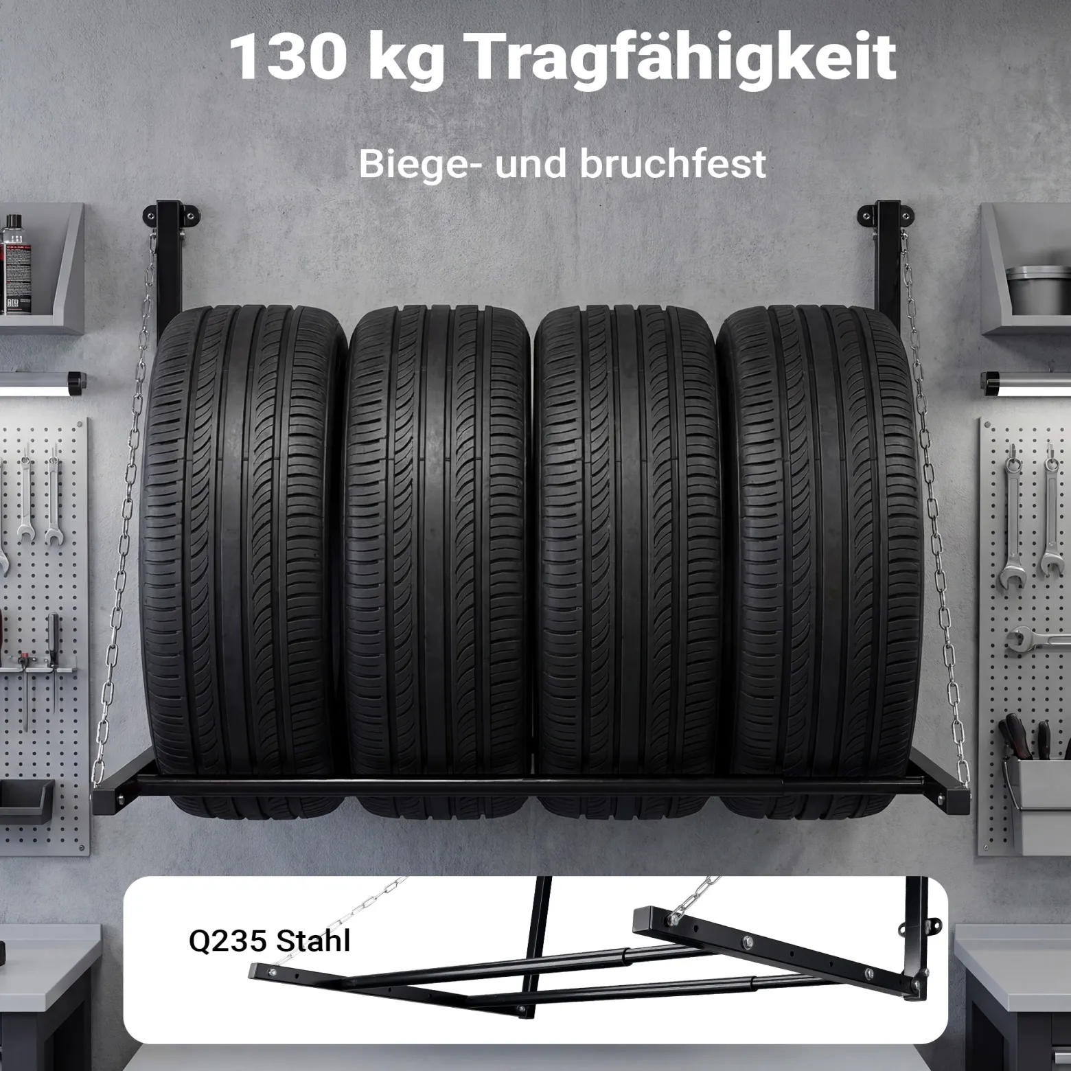 Wiltec Reifenhalter – 1370 x 730 x 705 mm, einstellbare Breite – für 4 Reifen – bis 130 kg – aus Stahl – für Wandmontage zur Lagerung von Reifen – Felgenbaum Reifenregal Felgenregal Reifenständer