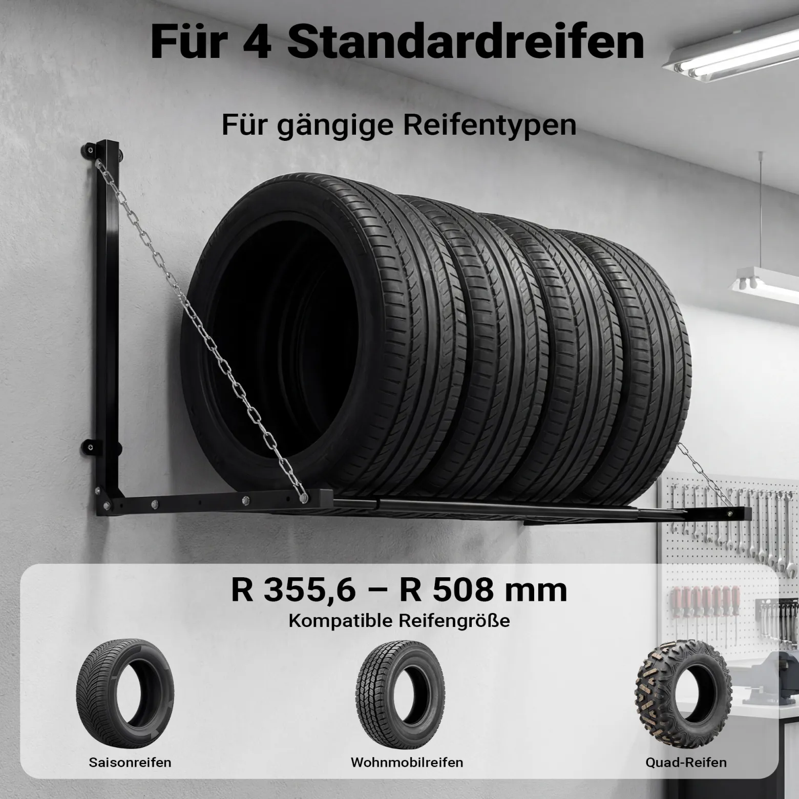 Wiltec Reifenhalter – 1370 x 730 x 705 mm, einstellbare Breite – für 4 Reifen – bis 130 kg – aus Stahl – für Wandmontage zur Lagerung von Reifen – Felgenbaum Reifenregal Felgenregal Reifenständer