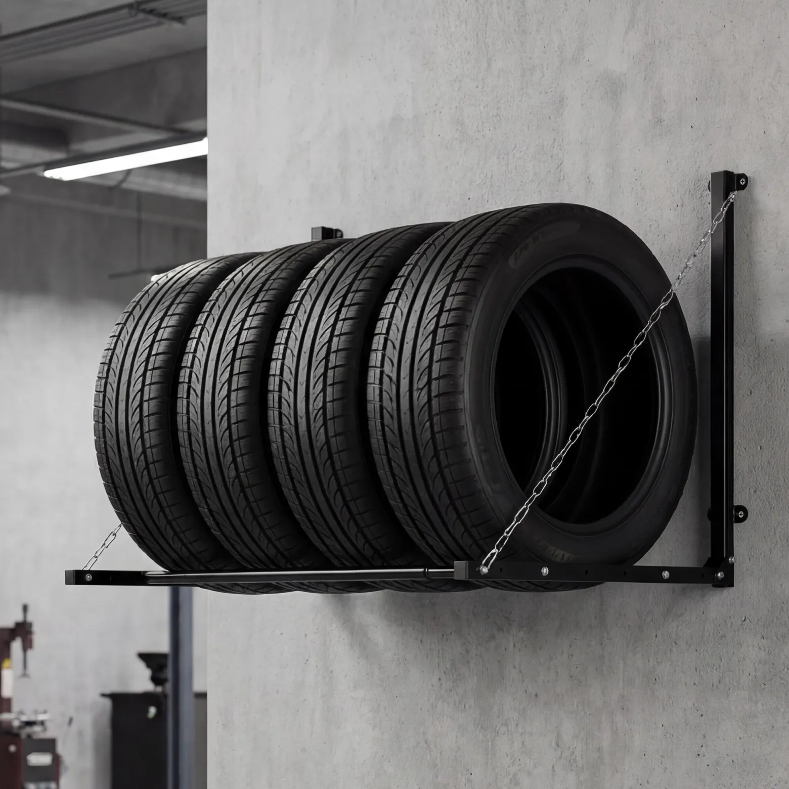 Wiltec Reifenhalter – 1370 x 730 x 705 mm, einstellbare Breite – für 4 Reifen – bis 130 kg – aus Stahl – für Wandmontage zur Lagerung von Reifen – Felgenbaum Reifenregal Felgenregal Reifenständer