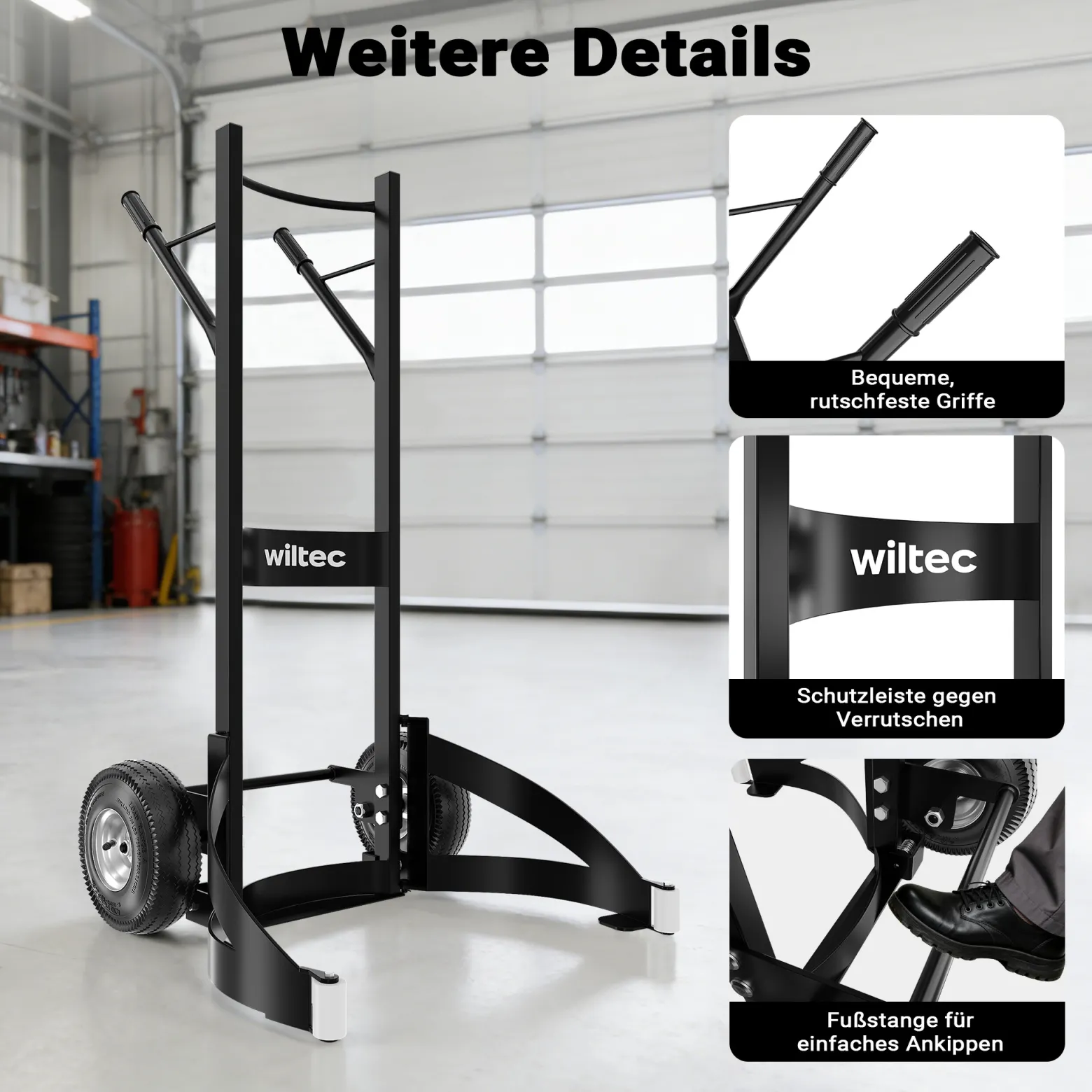 Wiltec Reifenkarre bis 200 kg mit Kippsystem, Transportkarre mit PU Rädern, Reifenwagen mit verstellbaren Greifarmen