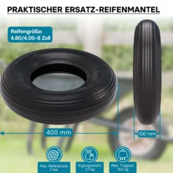 Wiltec Reifenmantel 4.80/4.00-8 400 x 100 mm, 160 kg für Schubkarrenreifen, Schubkarre Rad Reifen, Mantel Luftrad