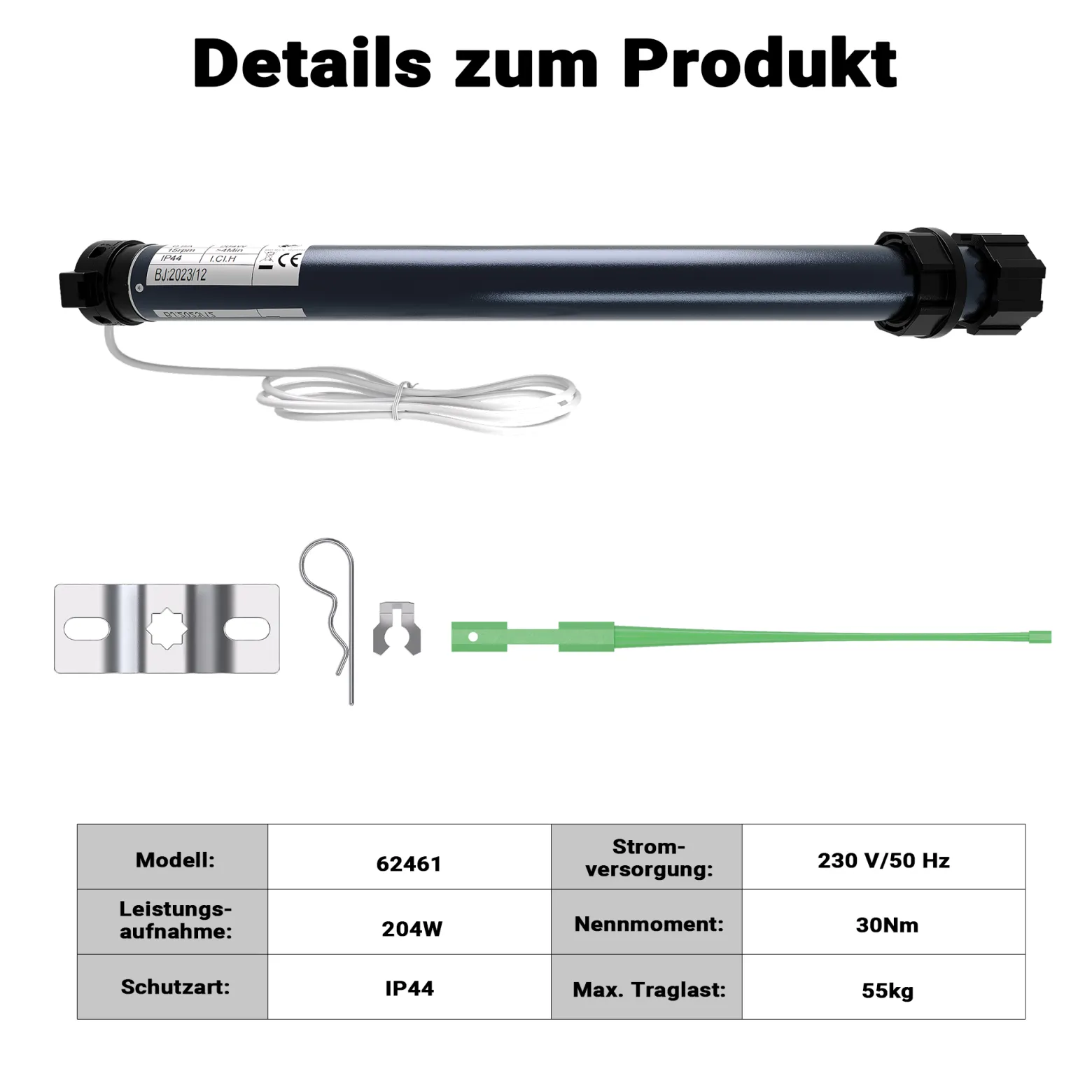 Wiltec Rollladenmotor 204 W 30 Nm mit mechanischem Endabschalter & Schutzart IP44 SW60, Motor für elektrische Rollladen