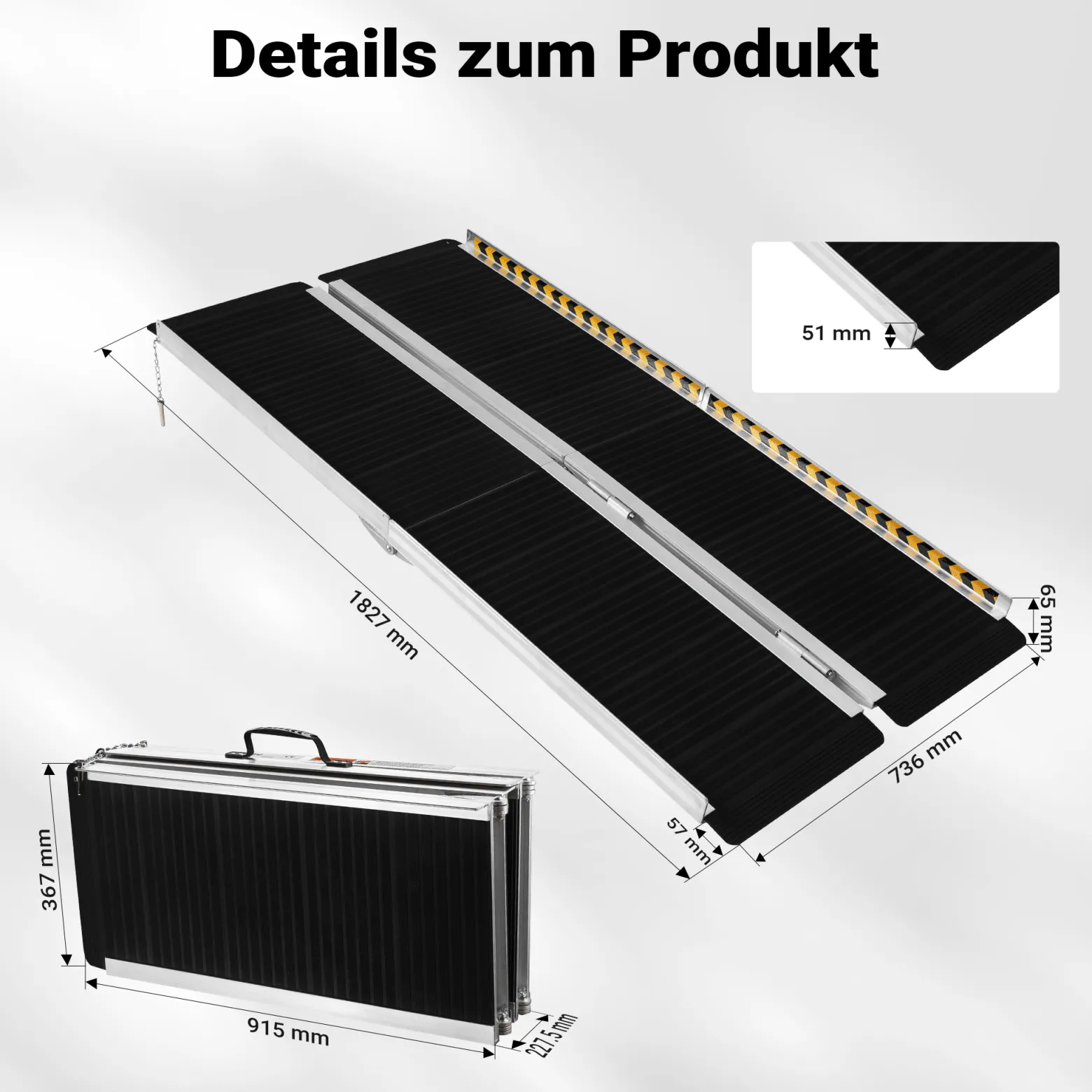 Wiltec Rollstuhlrampe doppelt faltbar 183cm 270kg, mobile Auffahrschiene mit rutschfester Oberfläche als Rollirampe, Aluminium Kofferrampe