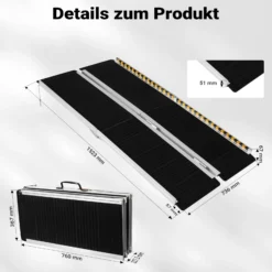 Wiltec Rollstuhlrampe doppelt faltbar 152cm 270kg, mobile Auffahrschiene mit rutschfester Oberfläche als Rollirampe, Aluminium Kofferrampe