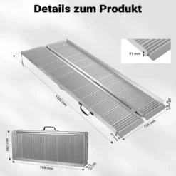 Wiltec Rollstuhlrampe doppelt faltbar 152cm 270kg, mobile Auffahrschiene als Rollirampe, Aluminium Kofferrampe