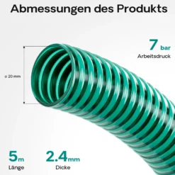 Wiltec Saugschlauch Druckschlauch 5m, flexibel, 20mm (3/4") grün - Made in Europe, zum Anschluss an Teichpumpen und Hauswasserwerke