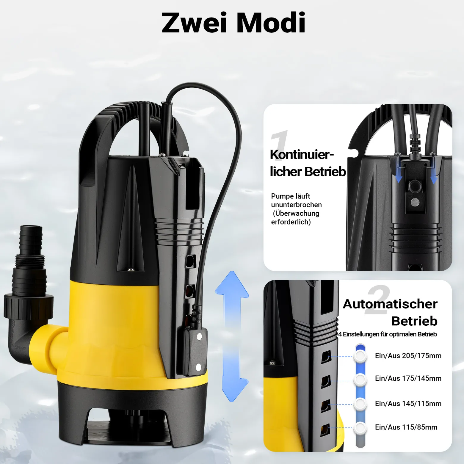 Wiltec Schmutzwasserpumpe mit Sensor 550 W, Tauchpumpe Schmutzwasser mit 2 Modi, Wasserpumpe 12500 l/h, Brunnenpumpe 7 m Förderhöhe & 7 m Tiefe