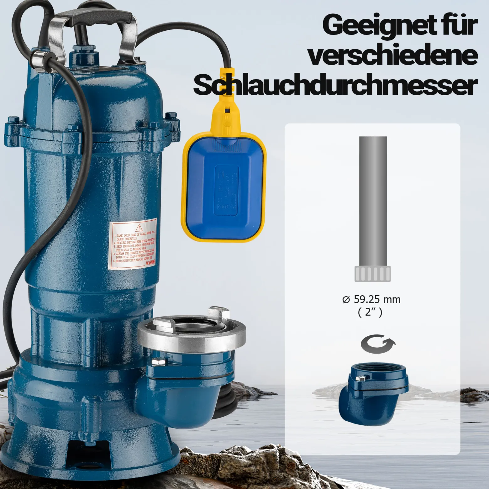 Wiltec Schmutzwasserpumpe 550W Tauchpumpe mit 16.200 l/h Fördermenge inkl. 20 m Schlauch Pumpe
